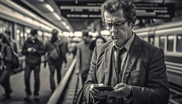 Un homme d'affaires envoie des SMS dans le train pendant les heures de pointe générées par l'IA
