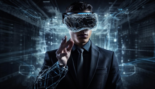 Photo gratuite homme d'affaires futuriste dans un équipement de simulation de réalité virtuelle généré par l'ia