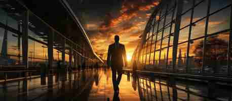 Photo gratuite homme d'affaires marchant dans l'aéroport au coucher du soleil avec un paysage urbain en arrière-plan