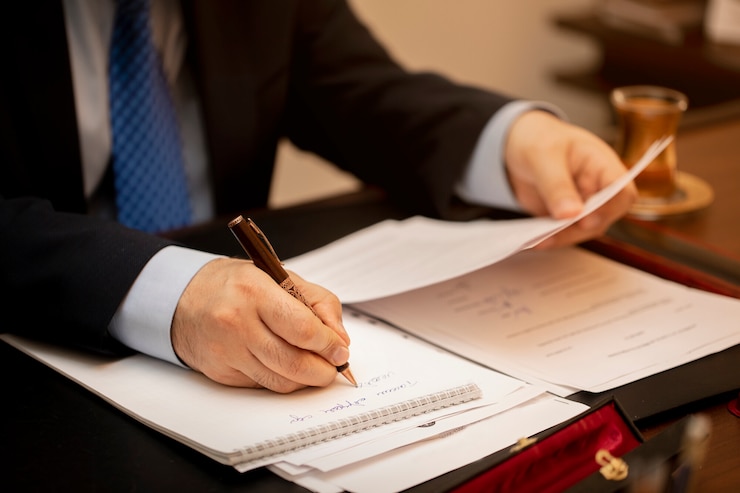 Photo gratuit un homme d'affaires signe des contrats importants.
