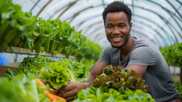 Un homme africain récolte des légumes.