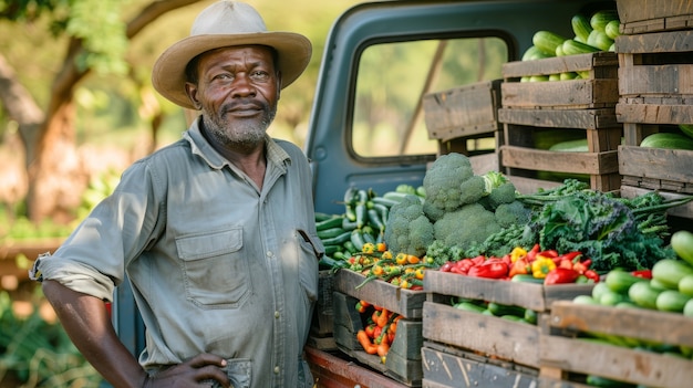 Un homme africain récolte des légumes.