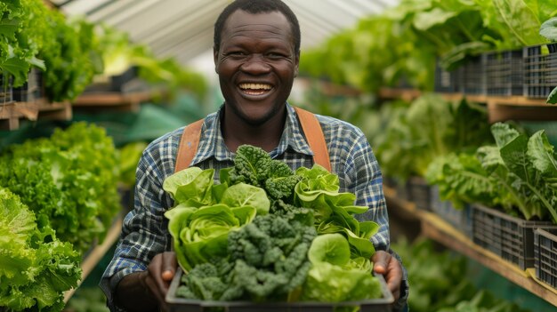 Un homme africain récolte des légumes.