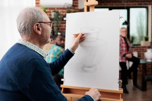 Photo gratuite homme âgé assis au chevalet dessinant un vase avec un crayon, assistant à des cours d'art social, éveillant le côté artistique à la retraite, explorant et découvrant de nouvelles passions. étudiant adulte pratiquant le dessin