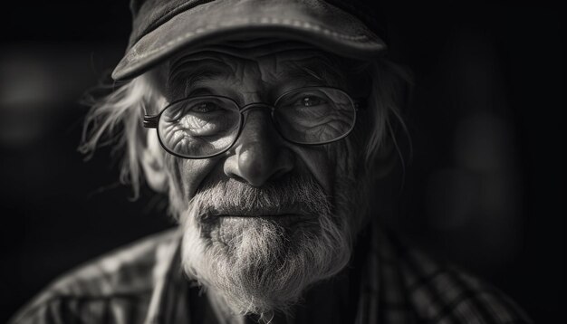 Homme âgé aux cheveux gris avec des lunettes souriant généré par l'IA