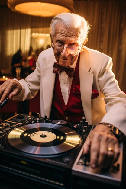 Homme âgé à coup moyen étant dj