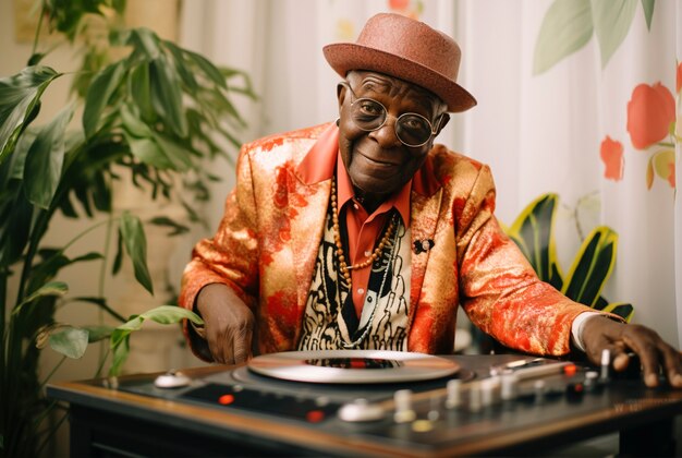 Homme âgé à coup moyen étant dj