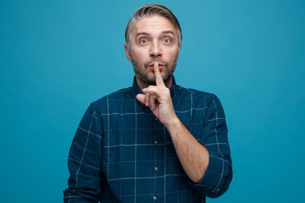 Homme d'âge moyen aux cheveux gris en chemise de couleur foncée faisant un geste de silence avec le doigt sur les lèvres étant confiant et calme debout sur fond bleu