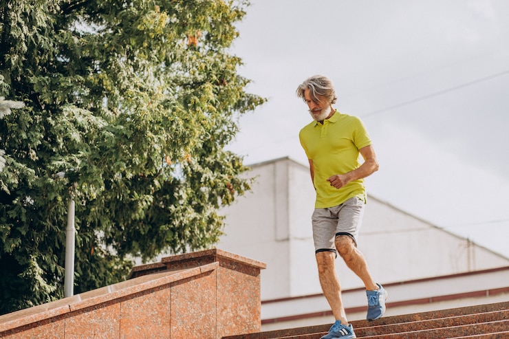 Photo gratuit homme d'âge moyen jogging vers le bas et à l'étage