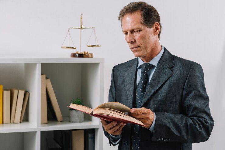 Photo gratuit homme d&#39;âge mûr lisant un livre juridique dans la salle d&#39;audience