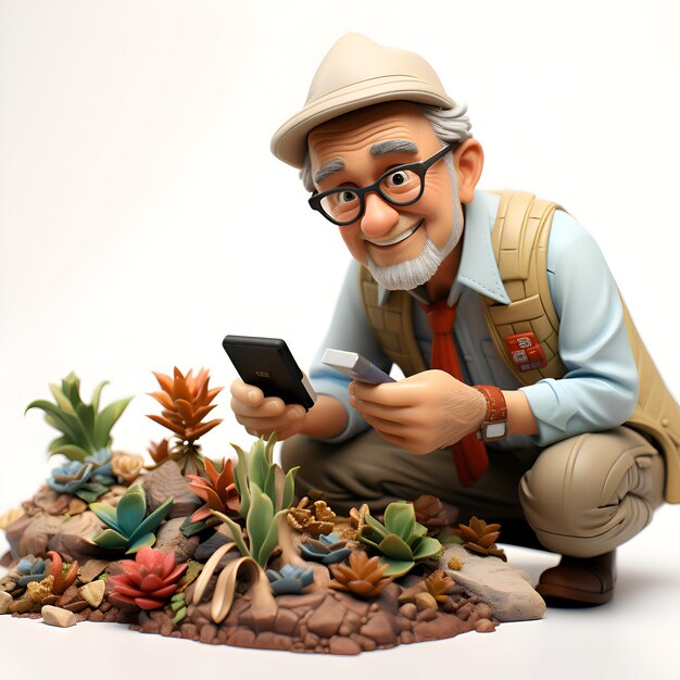 Photo gratuite un homme âgé avec un téléphone portable et des succulentes dans le jardin