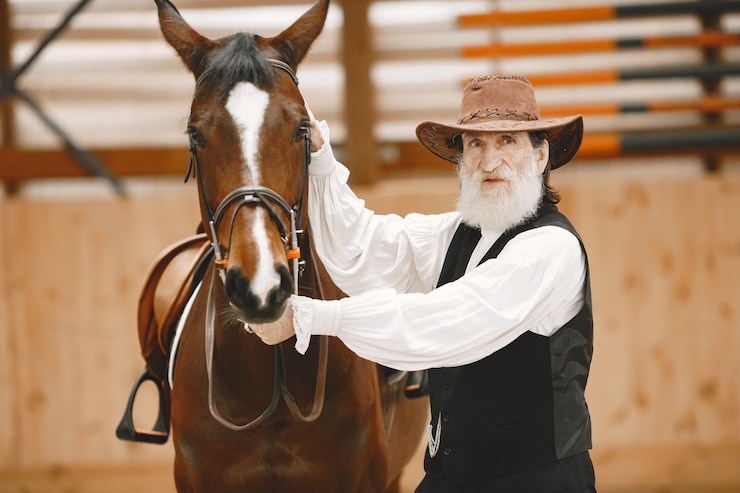 Photo gratuit a, homme aîné, debout, près, a, cheval, dehors, dans, nature