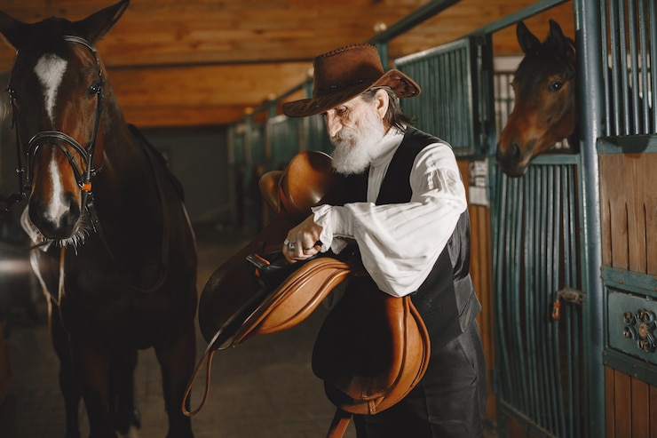 Photo gratuit a, homme aîné, debout, près, a, cheval, dehors, dans, nature