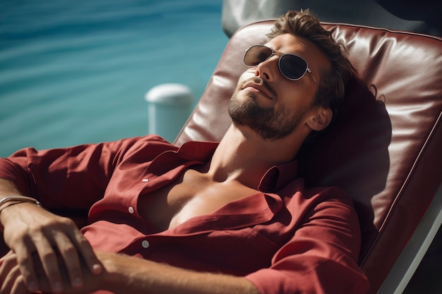 Photo gratuite un homme à l'angle élevé se détend à la piscine.