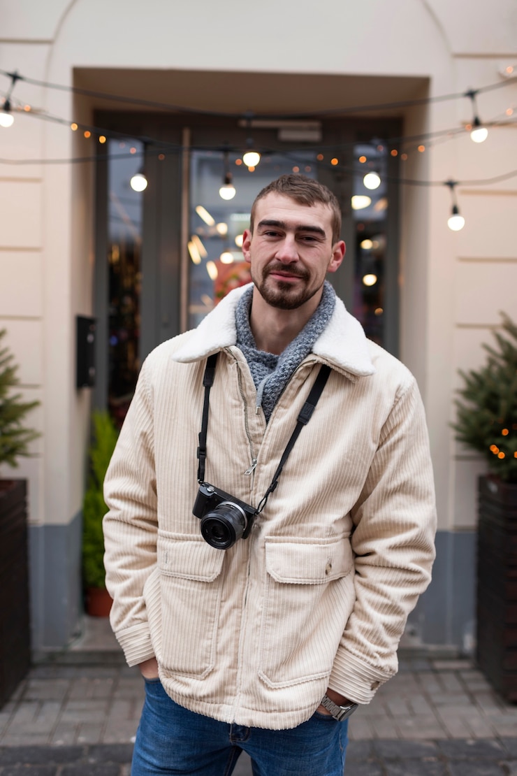 Photo gratuit un homme avec un appareil photo en vacances.