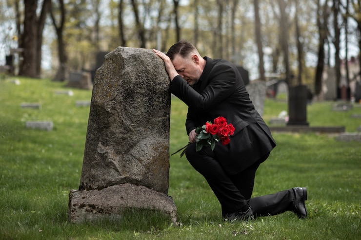 Photo gratuit homme apportant des roses à une pierre tombale au cimetière