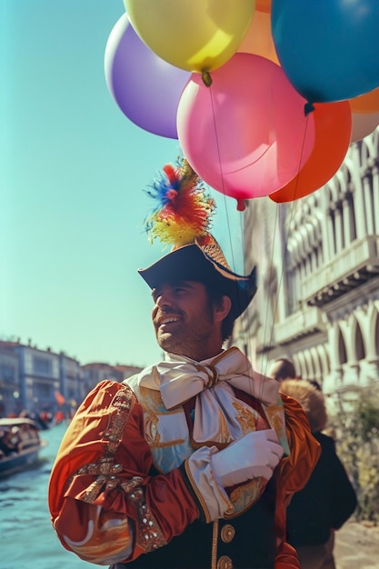 Photo gratuite un homme apprécie le carnaval de venise avec des ballons