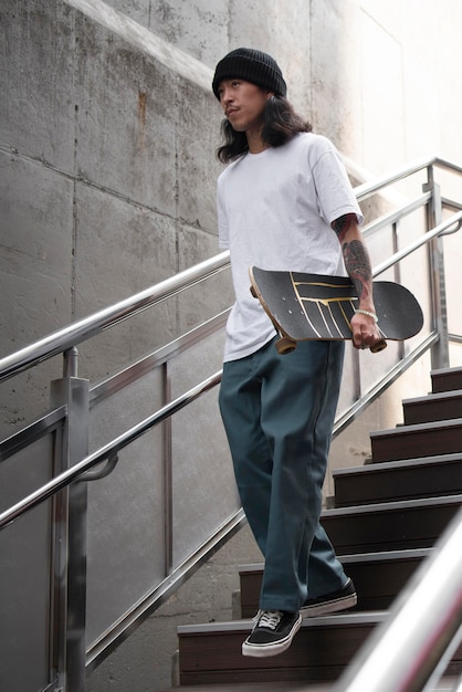 Homme asiatique tenant sa planche à roulettes en marchant dans les escaliers