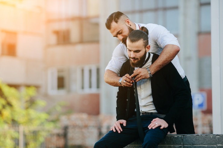 Photo gratuit homme attachant sa cravate à un autre homme