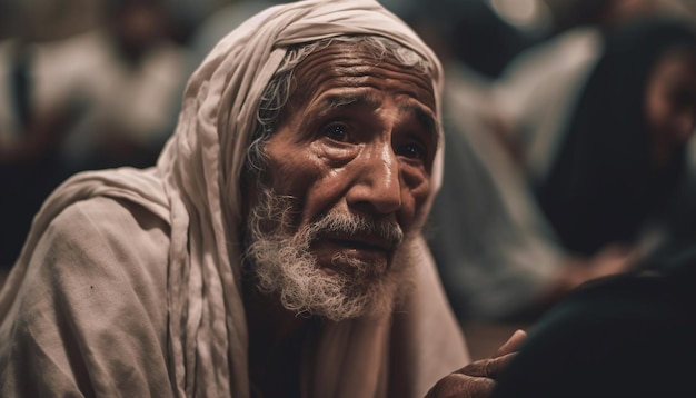 Photo gratuite homme autochtone priant en regardant la spiritualité de la caméra générée par l'ia