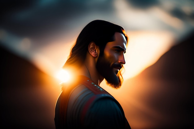 Un homme aux cheveux longs et à la barbe se tient devant un coucher de soleil.