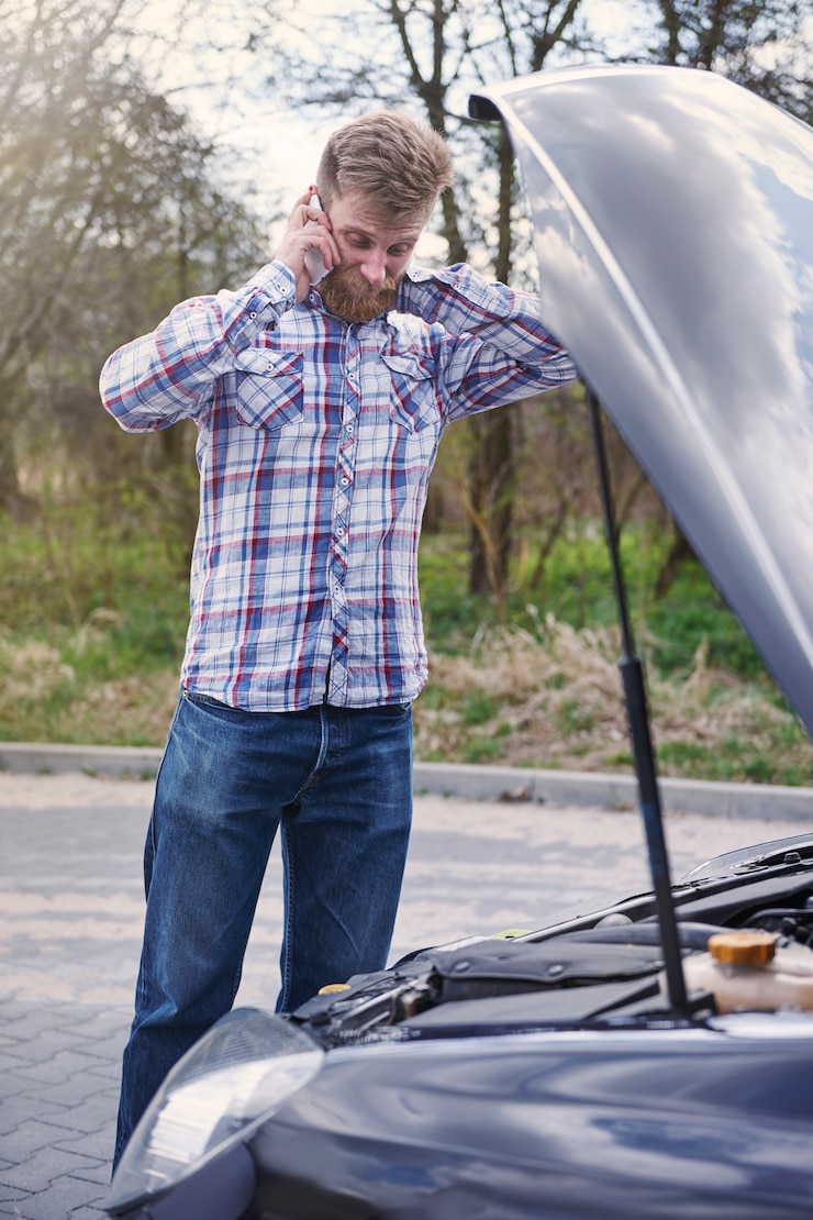 Photo gratuit homme ayant un problème avec sa voiture