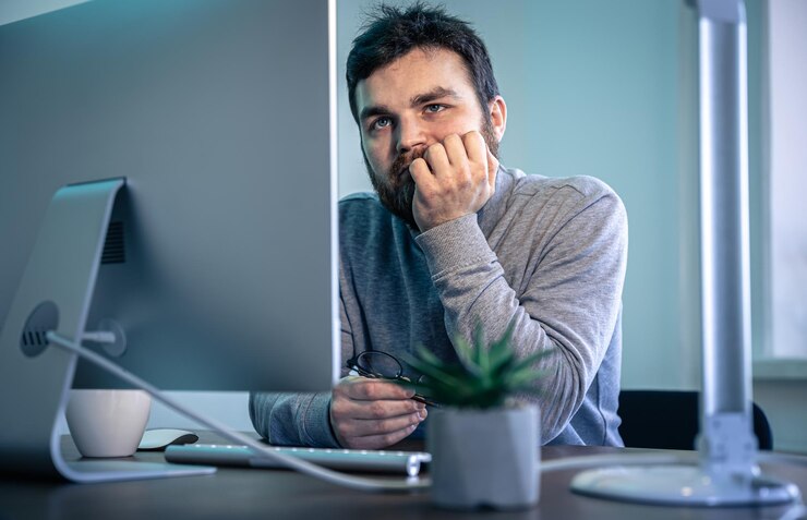 Photo gratuit l'homme barbu fatigué regarde l'écran d'ordinateur