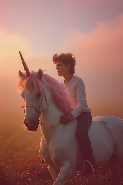 Photo gratuite un homme sur une belle licorne dans la nature