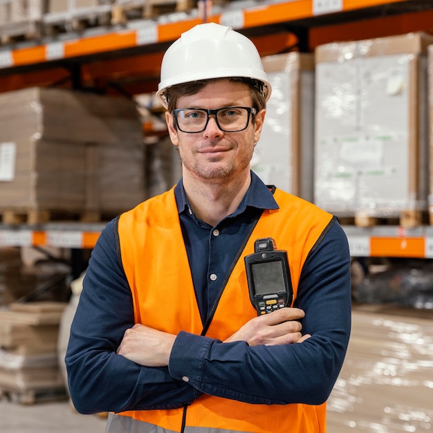 Photo gratuite homme avec casque dans l'entrepôt