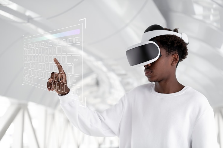 Photo gratuit homme avec casque vr touchant un écran holographique