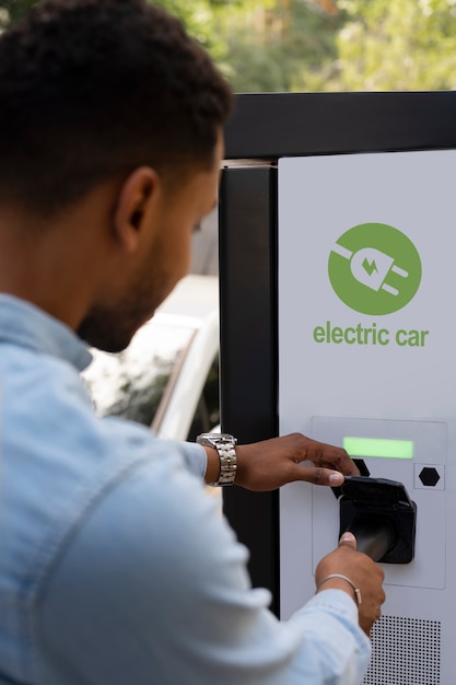 Homme chargeant la vue de côté de voiture électrique