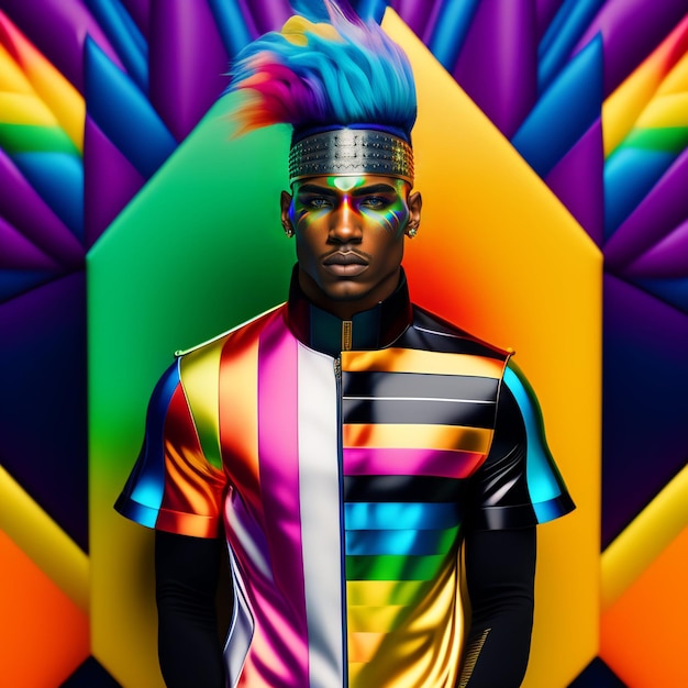 Photo gratuite un homme avec une chemise arc-en-ciel et des cheveux bleus se tient devant un fond coloré.