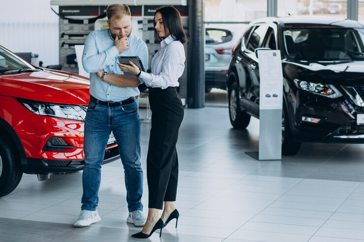 Photo gratuit homme choisissant une voiture et parler avec le vendeur