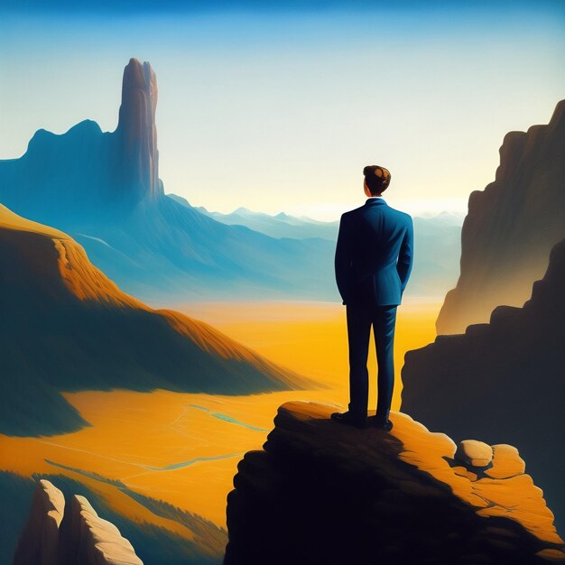 Un homme en costume se tient sur une falaise en regardant une montagne.