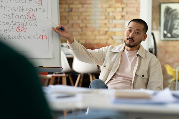 Homme de coup moyen corrigeant des erreurs de grammaire