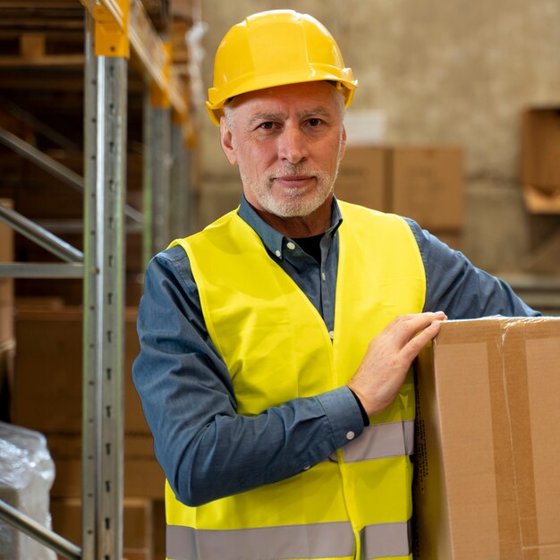 Homme dans la boîte de transport de l'entrepôt