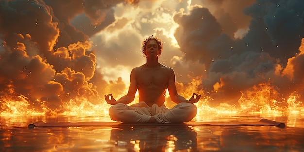 Photo gratuite un homme dans un cadre fantastique pratiquant le yoga et la méditation consciente