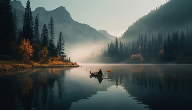 Un homme dans un canoë rame sur un lac avec des montagnes en arrière-plan.