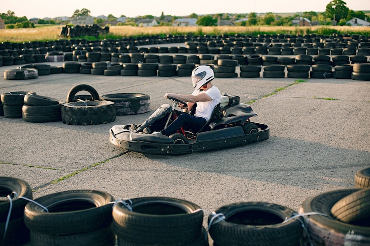 Photo gratuit homme dans un circuit de karting avec une voiture