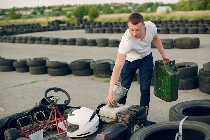 Photo gratuit homme dans un circuit de karting avec une voiture