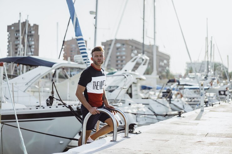 Photo gratuit un homme dans le port prépare le yacht pour le voyage