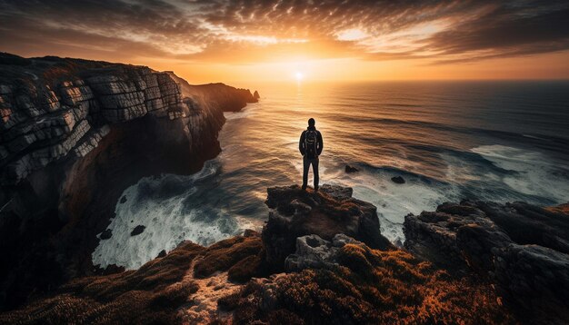 Un homme debout sur une falaise profitant de la solitude générée par l'IA