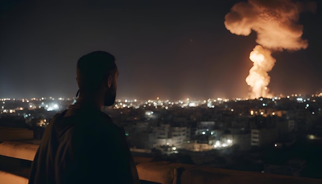 Un homme debout sur le toit de la maison et regardant la ville la nuit