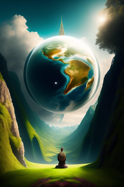 Photo gratuite un homme descend un chemin avec un globe en arrière-plan.