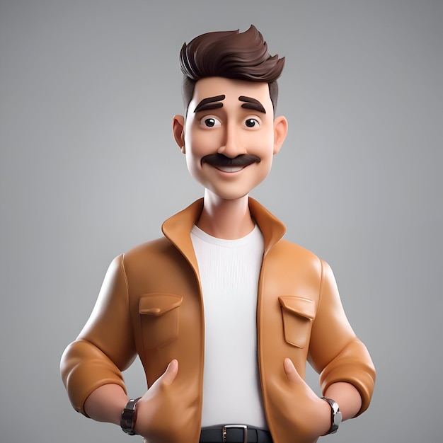 Photo gratuite homme de dessin animé drôle avec une moustache et une veste brune sur fond gris