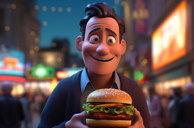 Homme de dessin animé avec un hamburger