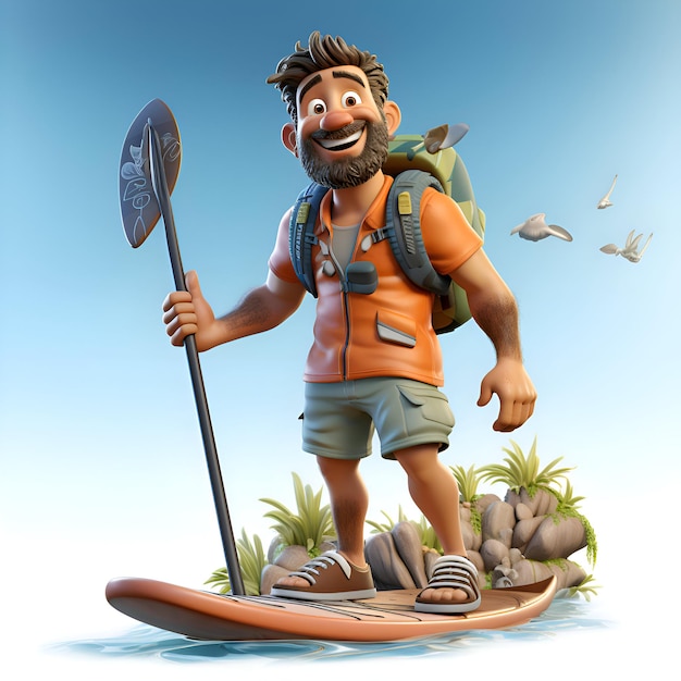 Photo gratuite homme de dessin animé sur un stand up paddleboard rendu en 3d