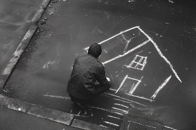 Un homme dessine une maison avec de la craie sur le sol.