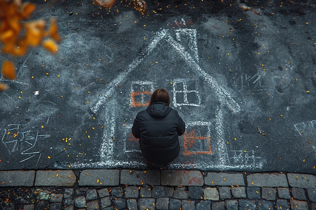 Un homme dessine une maison avec de la craie sur le sol.
