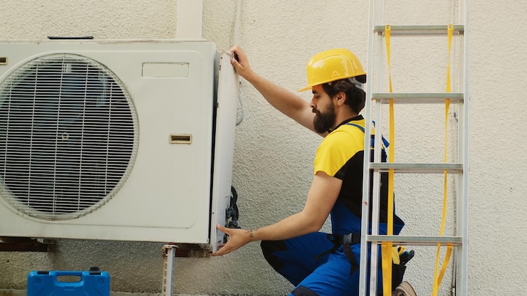 Photo gratuit l'homme du câble démontant le climatiseur